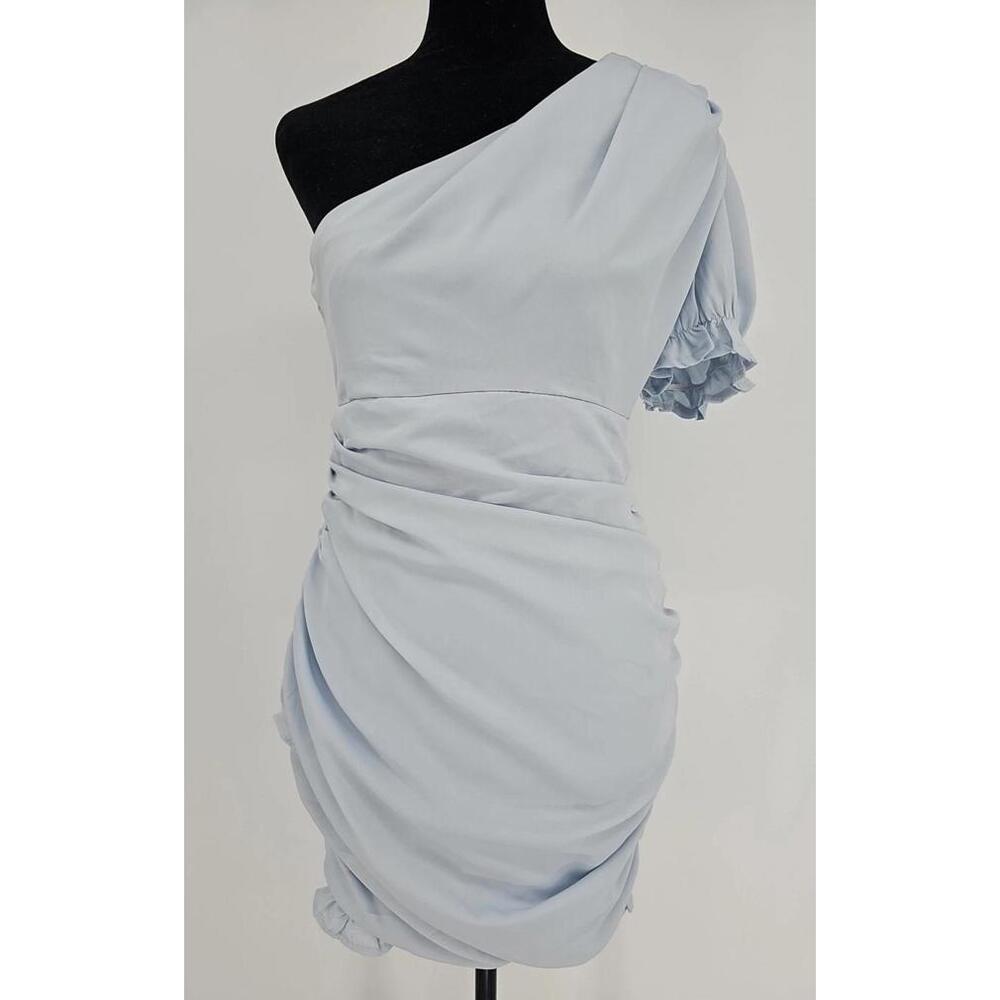 NWT Hello Molly NOT FAIR ON ME DRESS Blue one sleeve ruched size 8